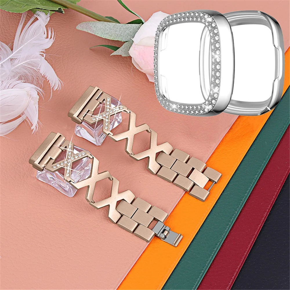 For Fitbit Versa 3 / Sense Stylish X-Shape Design Stainless Steel Bracelet Wrist Strap + Two Row Rhinestones Silver Watch Case - Gold - 2