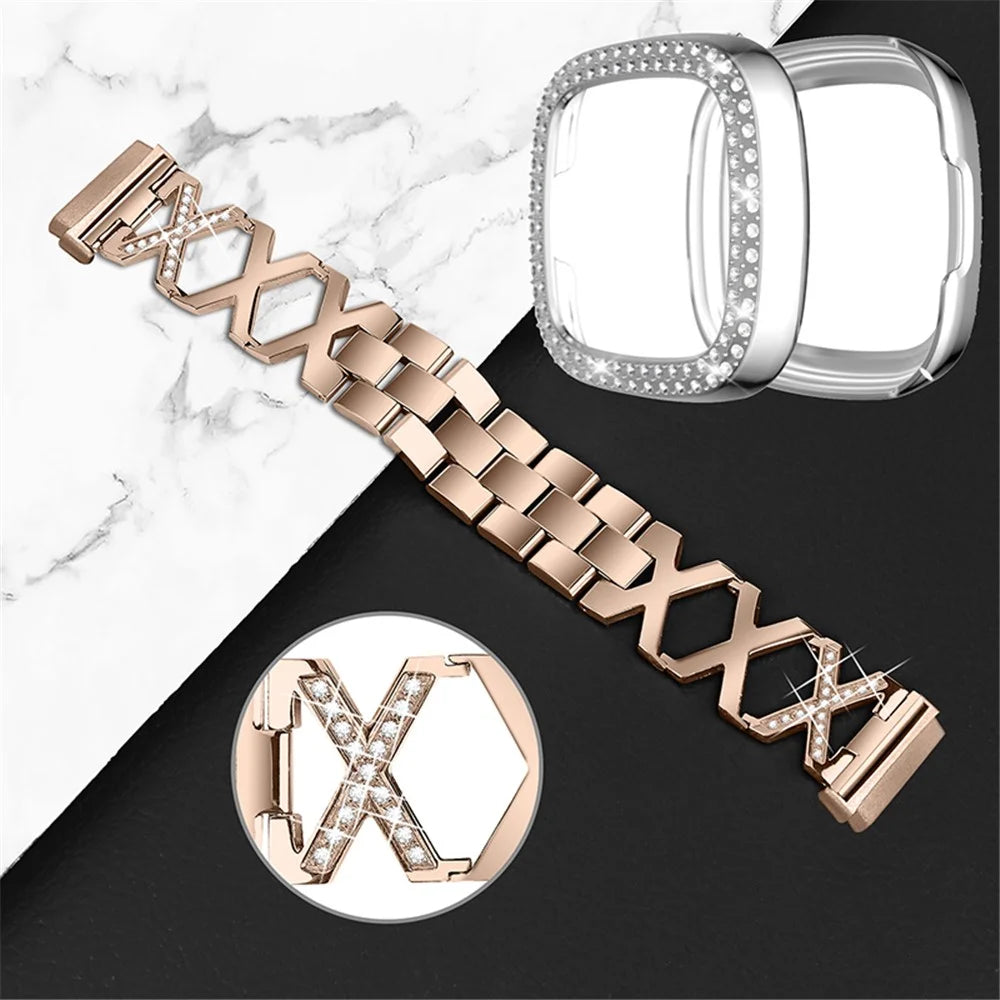 For Fitbit Versa 3 / Sense Stylish X-Shape Design Stainless Steel Bracelet Wrist Strap + Two Row Rhinestones Silver Watch Case - Gold - 3