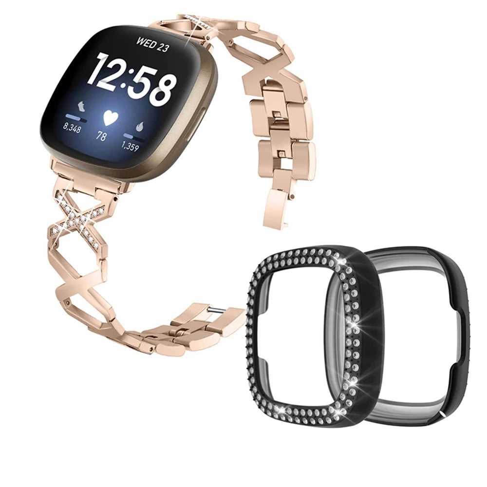 For Fitbit Versa 3 / Sense Stylish X-Shape Design Stainless Steel Smartwatch Wrist Strap + Two Row Rhinestones Black Protective Case - Gold - 1