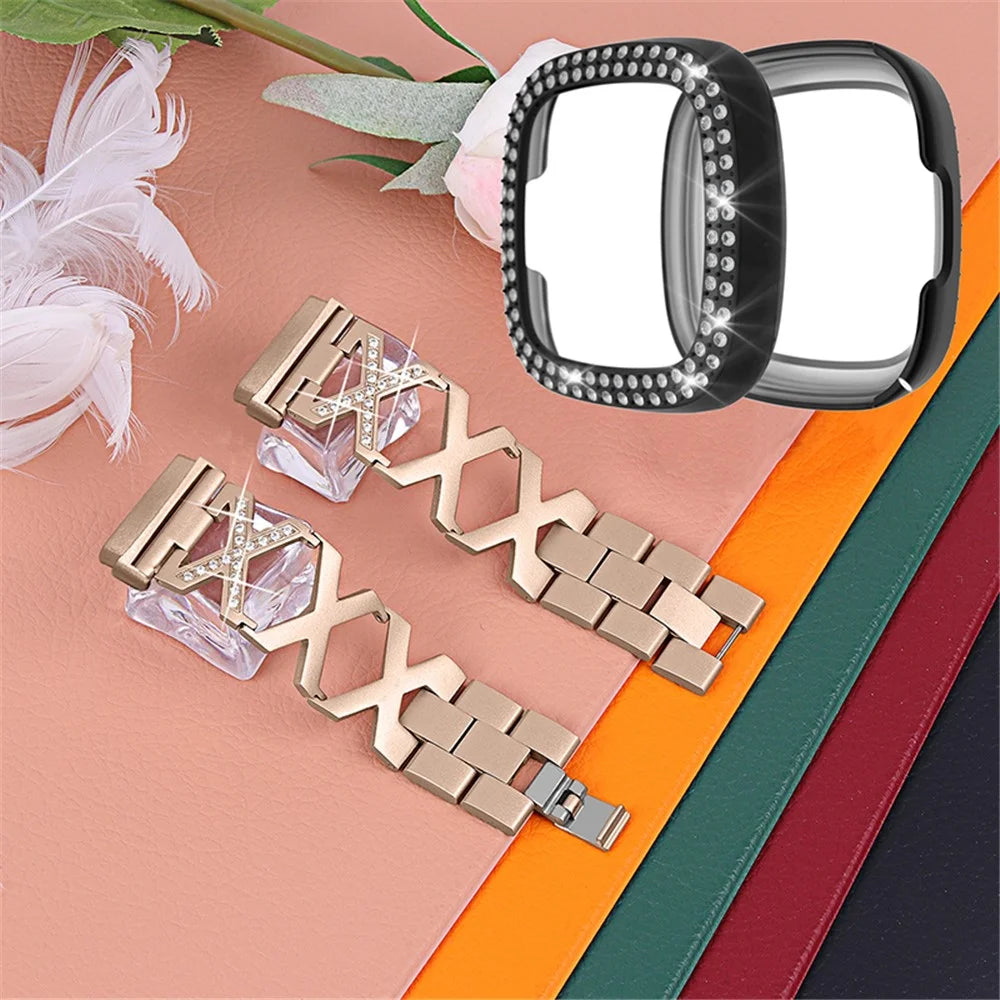 For Fitbit Versa 3 / Sense Stylish X-Shape Design Stainless Steel Smartwatch Wrist Strap + Two Row Rhinestones Black Protective Case - Gold - 2