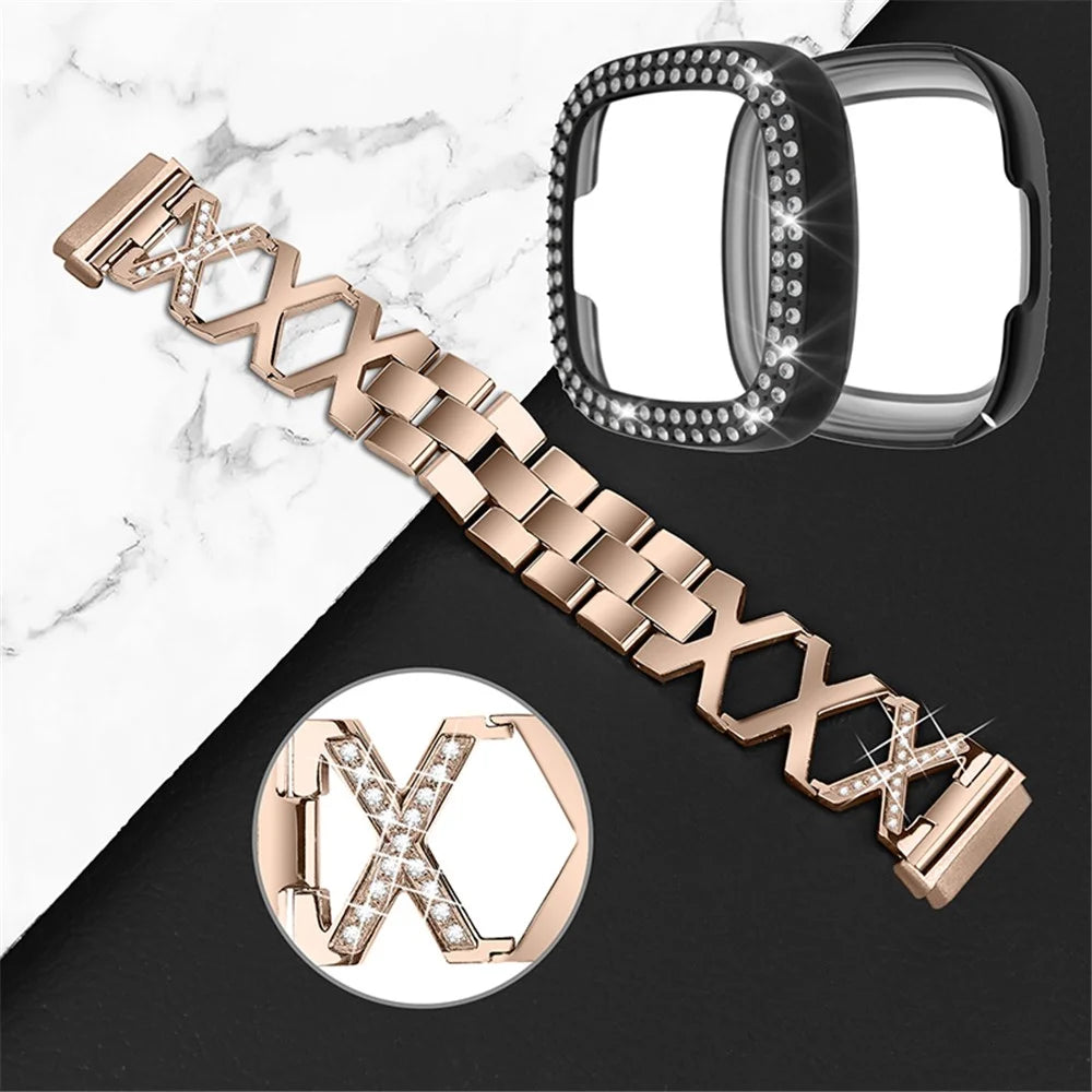 For Fitbit Versa 3 / Sense Stylish X-Shape Design Stainless Steel Smartwatch Wrist Strap + Two Row Rhinestones Black Protective Case - Gold - 3
