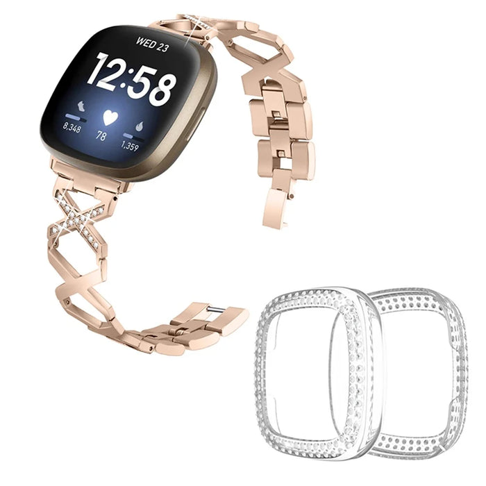 For Fitbit Versa 3 / Sense X-Shape Design Stainless Steel Bracelet Replacement Wrist Strap + Two Row Rhinestones Transparent Anti-scratch Watch Case - Gold - 1