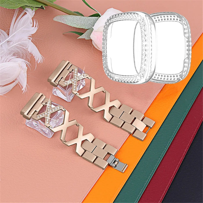 For Fitbit Versa 3 / Sense X-Shape Design Stainless Steel Bracelet Replacement Wrist Strap + Two Row Rhinestones Transparent Anti-scratch Watch Case - Gold - 2