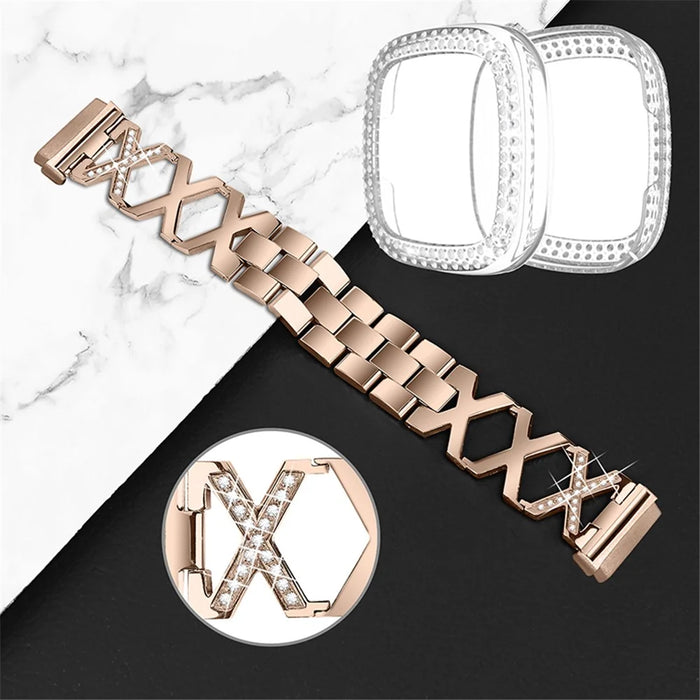 For Fitbit Versa 3 / Sense X-Shape Design Stainless Steel Bracelet Replacement Wrist Strap + Two Row Rhinestones Transparent Anti-scratch Watch Case - Gold - 3