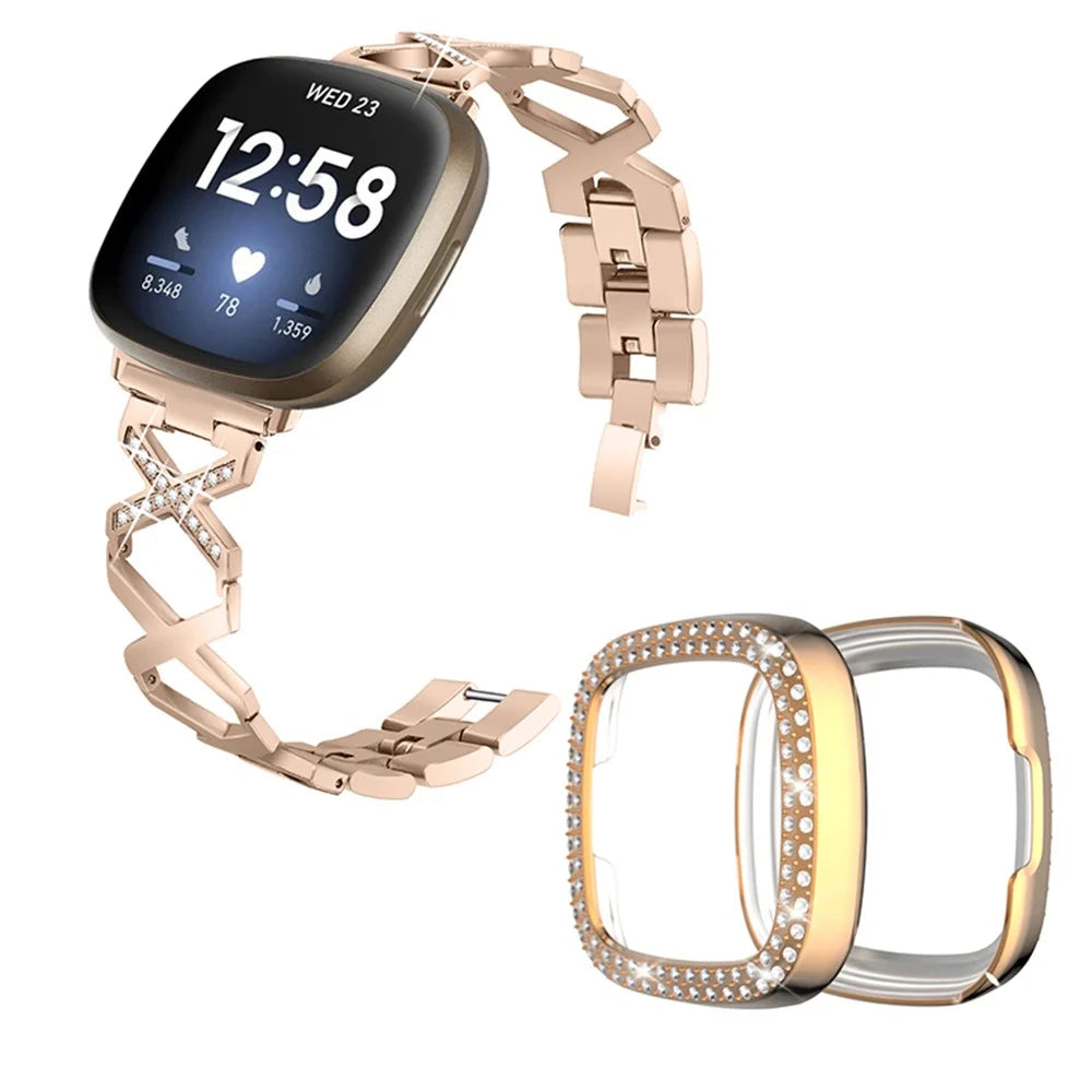 For Fitbit Versa 3 / Sense Stylish X-Shape Design Stainless Steel Smartwatch Strap + Two Row Rhinestones Rose Gold Protective Case - Gold - 1