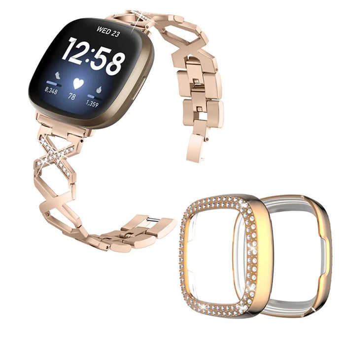 For Fitbit Versa 3 / Sense Stylish X-Shape Design Stainless Steel Smartwatch Strap + Two Row Rhinestones Rose Gold Protective Case - Gold - 1