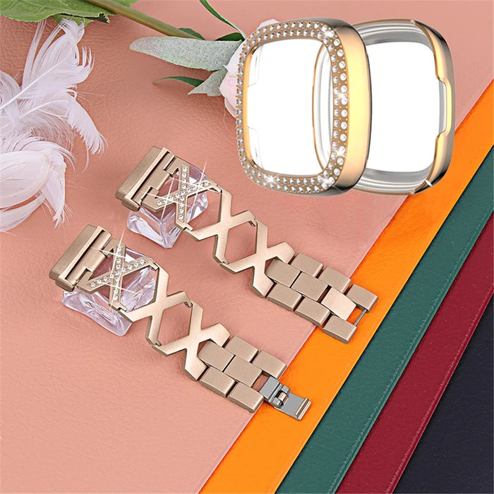 For Fitbit Versa 3 / Sense Stylish X-Shape Design Stainless Steel Smartwatch Strap + Two Row Rhinestones Rose Gold Protective Case - Gold - 2
