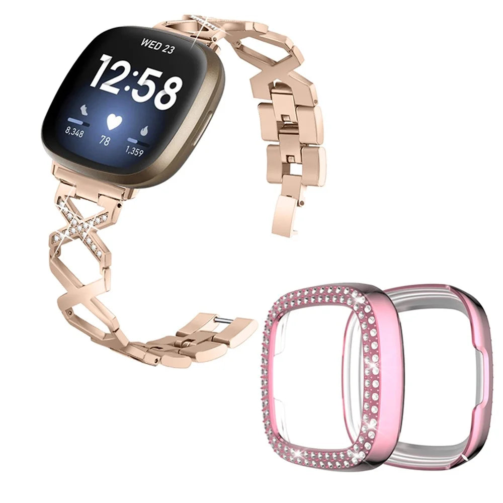 For Fitbit Versa 3 / Sense X-Shape Design Smartwatch Wrist Band Stainless Steel Bracelet + Two Row Rhinestones Rose Pink Watch Case - Gold - 1