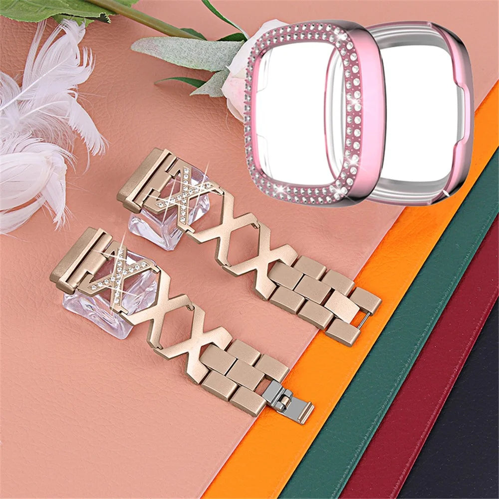 For Fitbit Versa 3 / Sense X-Shape Design Smartwatch Wrist Band Stainless Steel Bracelet + Two Row Rhinestones Rose Pink Watch Case - Gold - 2