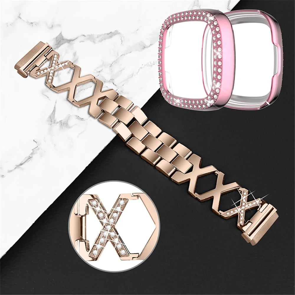 For Fitbit Versa 3 / Sense X-Shape Design Smartwatch Wrist Band Stainless Steel Bracelet + Two Row Rhinestones Rose Pink Watch Case - Gold - 3