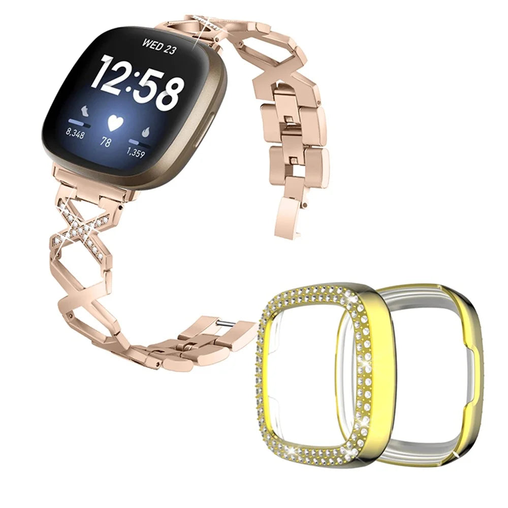 For Fitbit Versa 3 / Sense X-Shape Design Stainless Steel Bracelet Stylish Wrist Band + Two Row Rhinestones Gold Watch Case - Gold - 1
