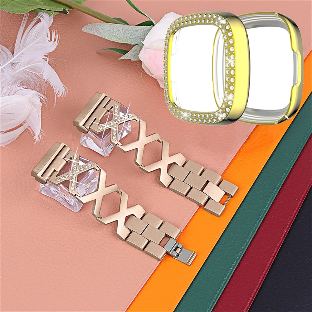 For Fitbit Versa 3 / Sense X-Shape Design Stainless Steel Bracelet Stylish Wrist Band + Two Row Rhinestones Gold Watch Case - Gold - 2