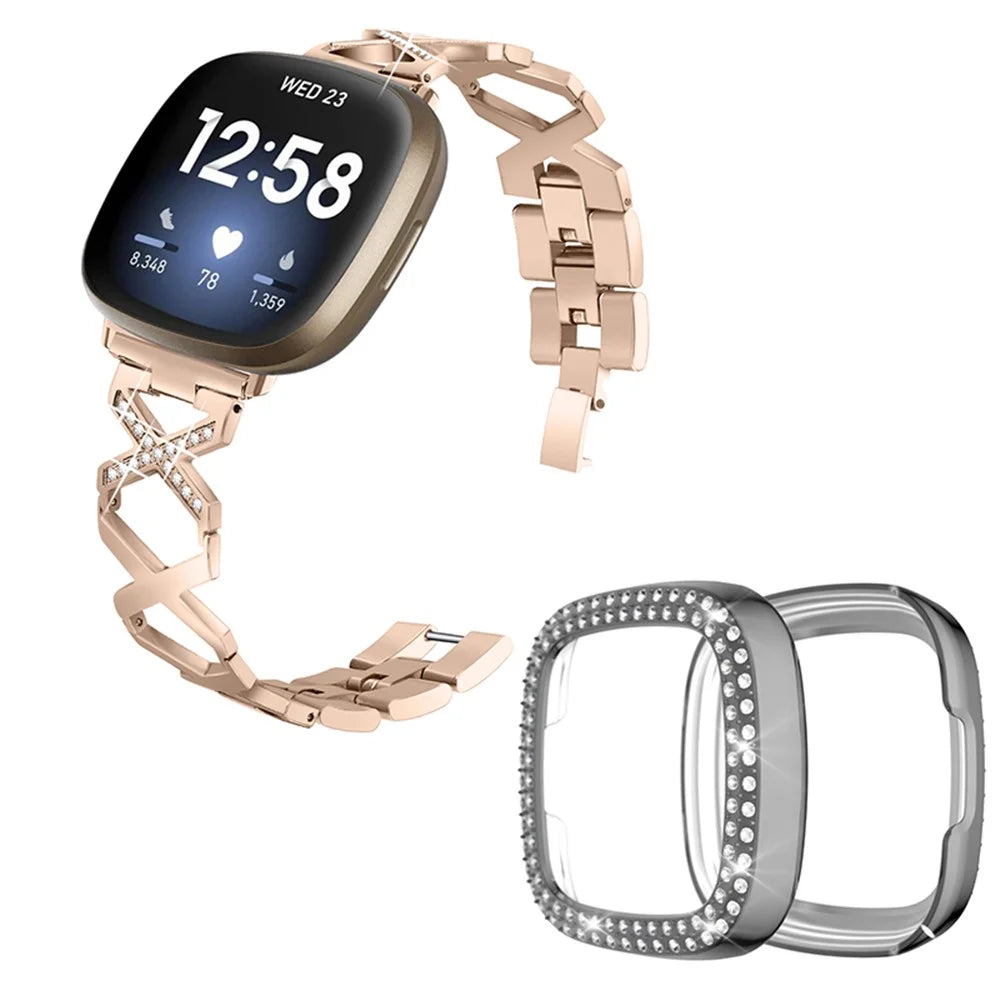 For Fitbit Versa 3 / Sense X-Shape Design Stainless Steel Bracelet Replacement Strap + Two Row Rhinestones Grey Watch Protective Case - Gold - 1
