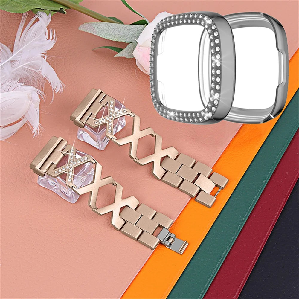 For Fitbit Versa 3 / Sense X-Shape Design Stainless Steel Bracelet Replacement Strap + Two Row Rhinestones Grey Watch Protective Case - Gold - 2