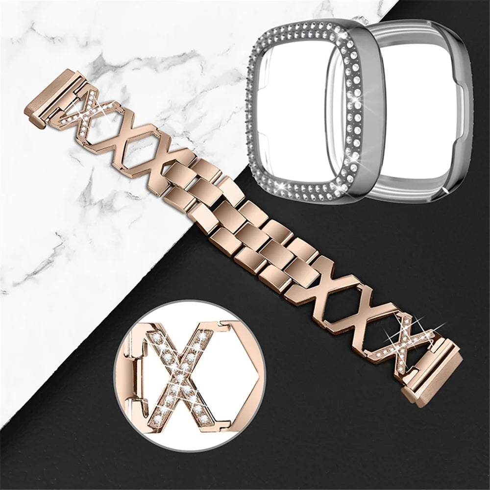 For Fitbit Versa 3 / Sense X-Shape Design Stainless Steel Bracelet Replacement Strap + Two Row Rhinestones Grey Watch Protective Case - Gold - 3