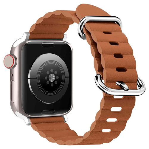 For Apple Watch Ultra 3 2 1 49mm / Series 11 10 46mm / 9 8 7 45mm / SE3 SE2 SE 6 5 4 44mm / 3 2 1 42mm Genuine Leather Watch Strap Wave Wrist Band - Golden Brown - 1