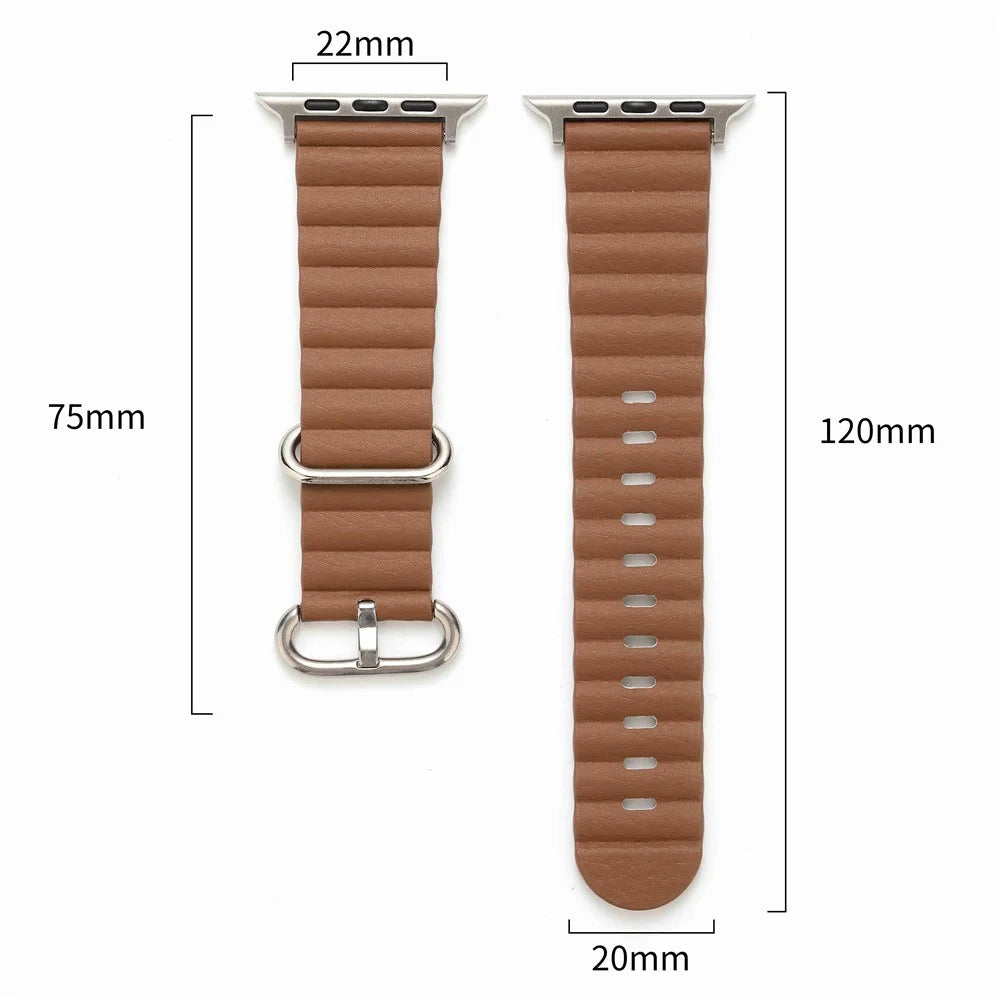 For Apple Watch Ultra 3 2 1 49mm / Series 11 10 46mm / 9 8 7 45mm / SE3 SE2 SE 6 5 4 44mm / 3 2 1 42mm Genuine Leather Watch Strap Wave Wrist Band - Golden Brown - 3