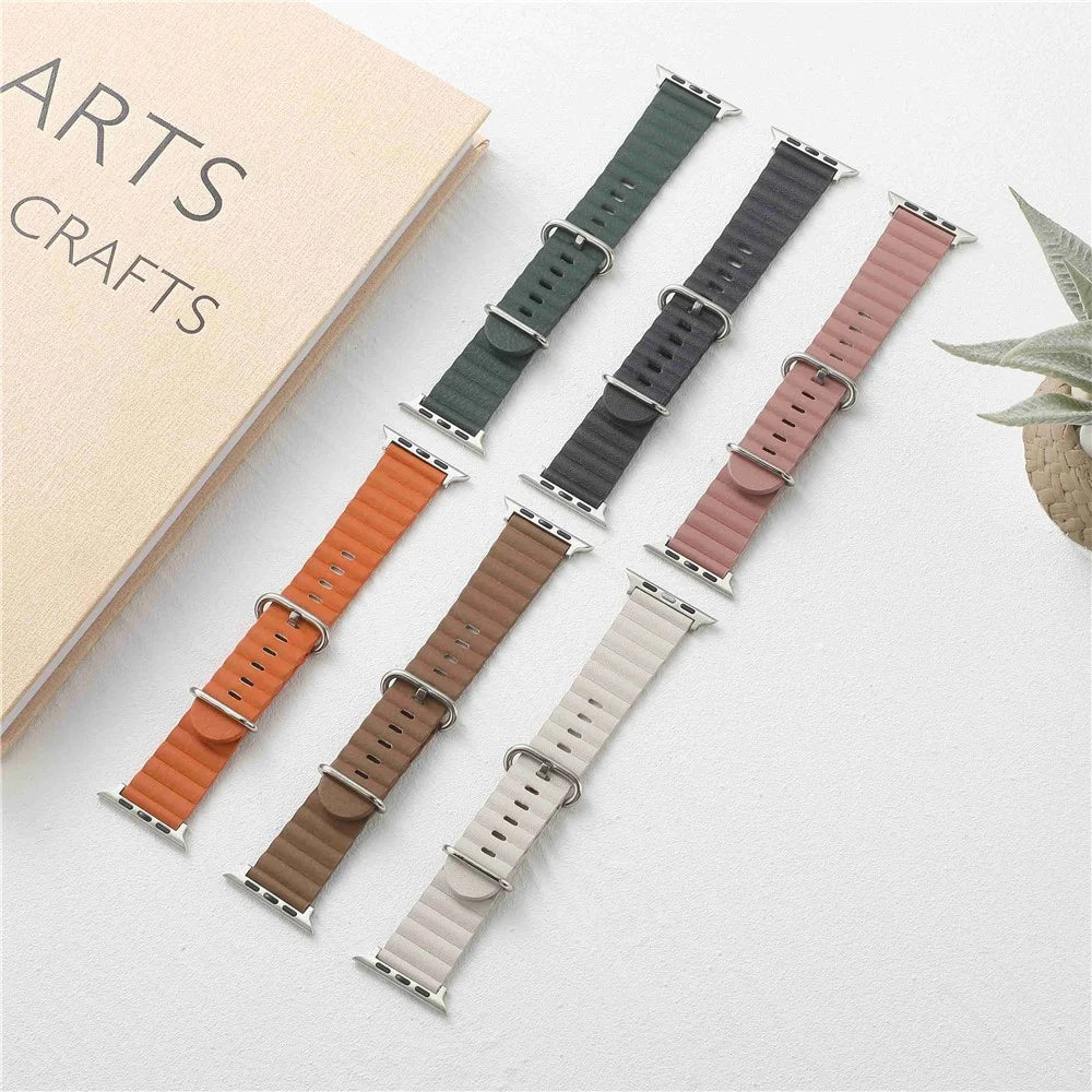 For Apple Watch Ultra 3 2 1 49mm / Series 11 10 46mm / 9 8 7 45mm / SE3 SE2 SE 6 5 4 44mm / 3 2 1 42mm Genuine Leather Watch Strap Wave Wrist Band - Golden Brown - 4