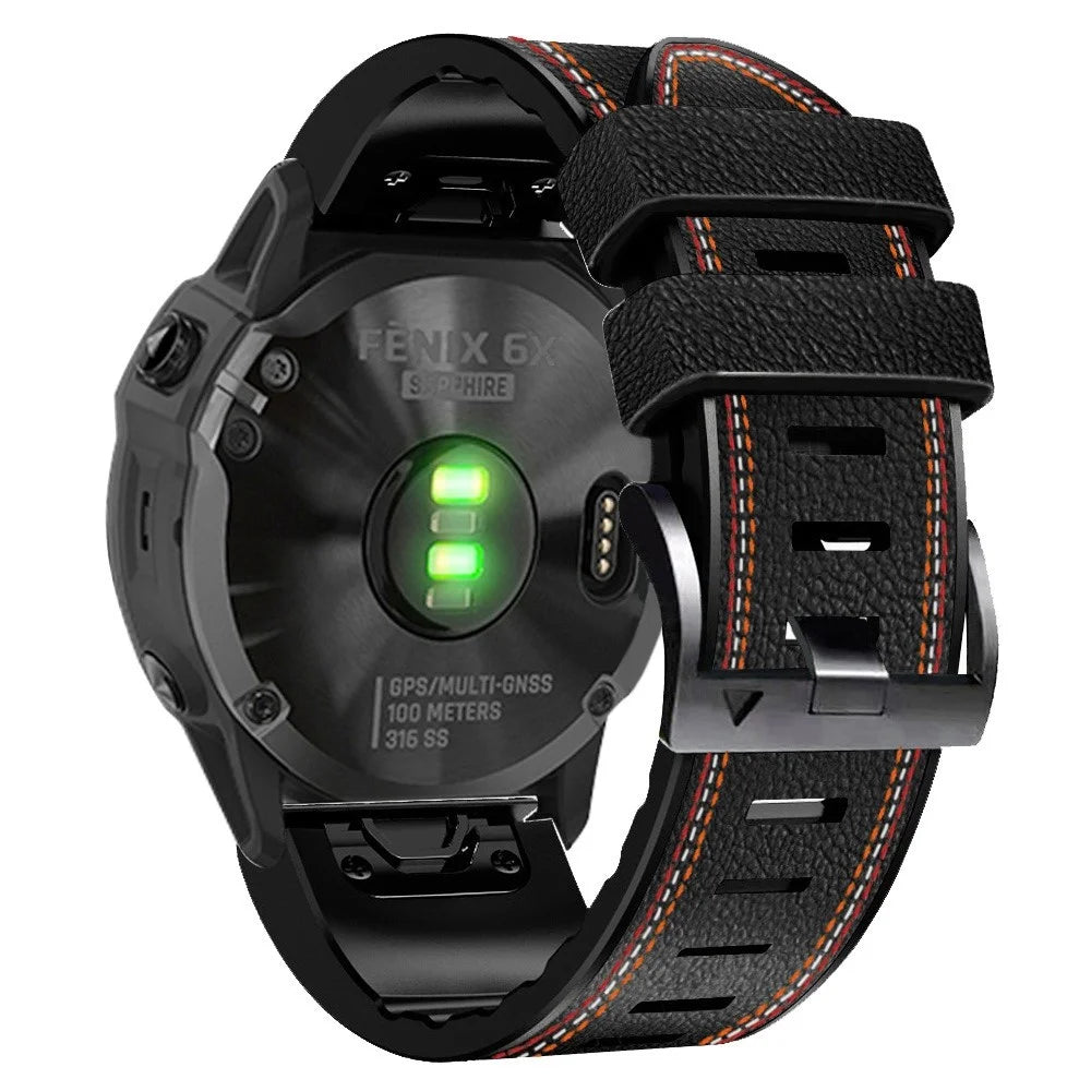 For Garmin Enduro / Tactix Delta / Tactix 7 Pro PU Leather Coated Silicone Watch Band 26mm Three-color Stitching Line Strap - Black - 1