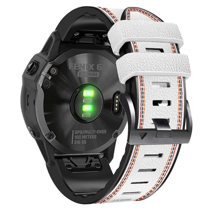 For Garmin Descent G1 / Instinct 2 / Epix Gen2 Quick Release Watch Band PU Leather Coated Silicone Three-color Stitching Line Wristband Strap - White - 1