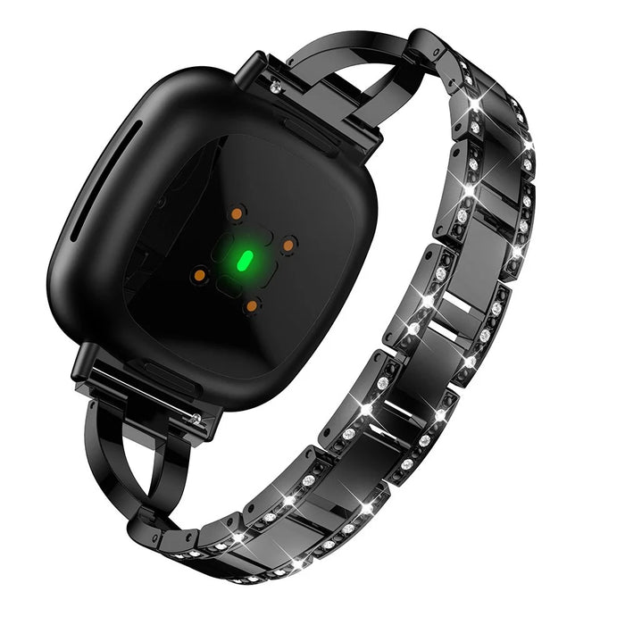 For Fitbit Versa 4 / Sense 2 Cross Design Rhinestones Decor Metal Strap Replacement Watch Band - Black - 1