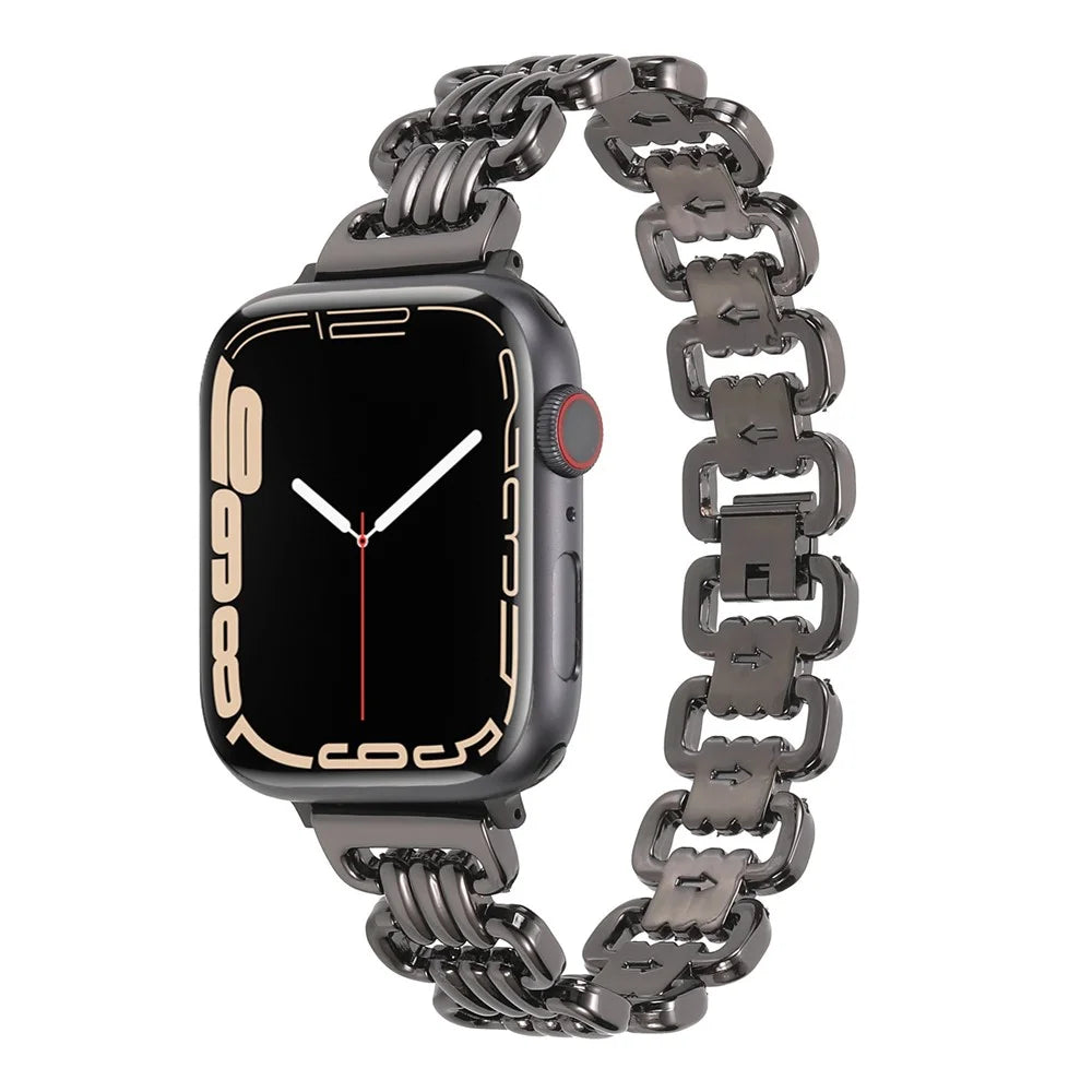 For Apple Watch Ultra 3 2 1 49mm / Series 11 10 46mm / 9 8 7 45mm / SE3 SE2 SE 6 5 4 44mm / 3 2 1 42mm Stylish Ring Links Metal Chain Strap Replacement Smartwatch Wrist Band - Black - 4