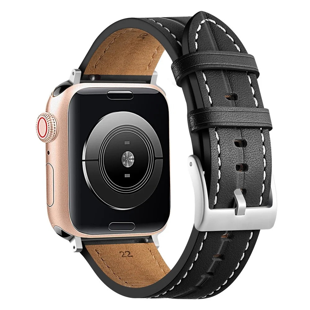 Watch Strap for Apple Watch Series 11 10 42mm / 9 8 7 41mm / SE3 SE2 SE 6 5 4 40mm / 3 2 1 38mm Genuine Leather Watch Band - Black - 1