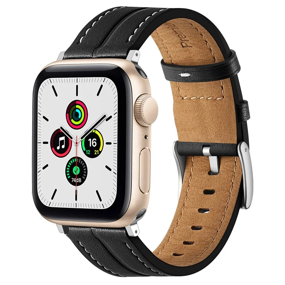 Watch Strap for Apple Watch Series 11 10 42mm / 9 8 7 41mm / SE3 SE2 SE 6 5 4 40mm / 3 2 1 38mm Genuine Leather Watch Band - Black - 2