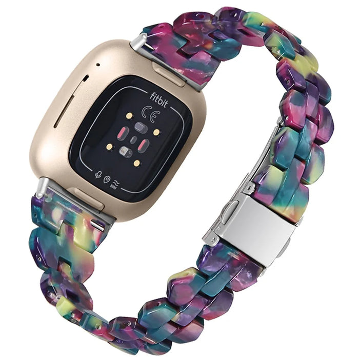 For Fitbit Versa 3 / Sense, Universal Resin Watch Strap Quick Release Smart Bracelet Band - Purple Green Flower - 1