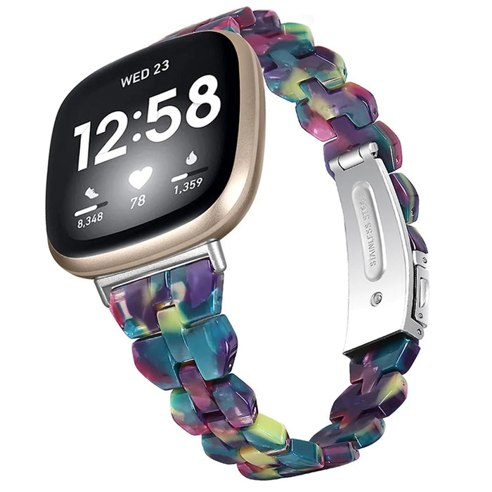 For Fitbit Versa 3 / Sense, Universal Resin Watch Strap Quick Release Smart Bracelet Band - Purple Green Flower - 4