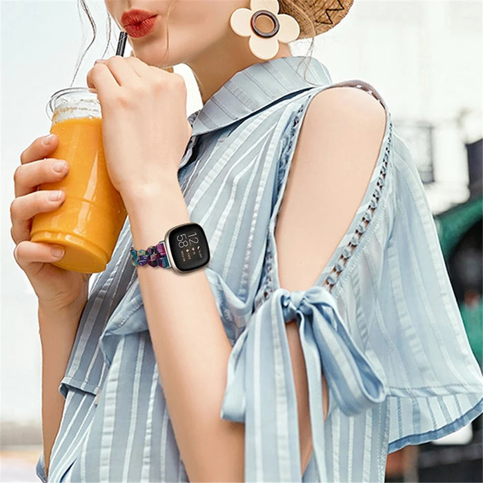 For Fitbit Versa 3 / Sense, Universal Resin Watch Strap Quick Release Smart Bracelet Band - Purple Green Flower - 6