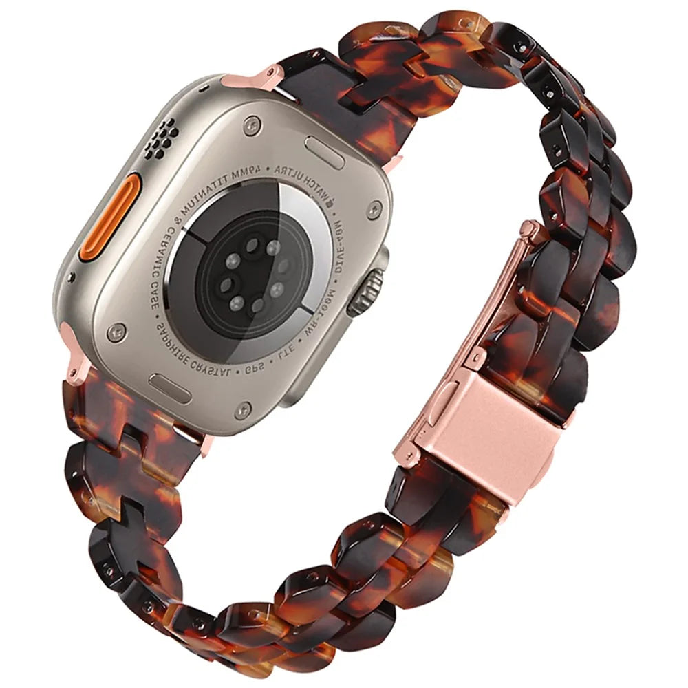 For Apple Watch Ultra 3 2 1 49mm / Series 11 10 46mm / 9 8 7 45mm / SE3 SE2 SE 6 5 4 44mm / 3 2 1 42mm, Quick Release Resin Watch Band Polished Watch Strap - Tortoiseshell Color - 1
