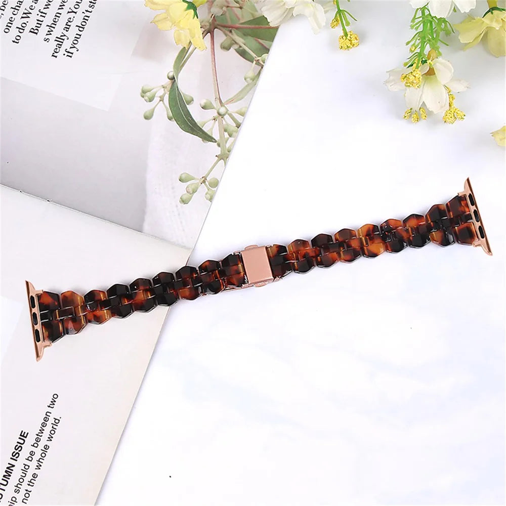 For Apple Watch Ultra 3 2 1 49mm / Series 11 10 46mm / 9 8 7 45mm / SE3 SE2 SE 6 5 4 44mm / 3 2 1 42mm, Quick Release Resin Watch Band Polished Watch Strap - Tortoiseshell Color - 2