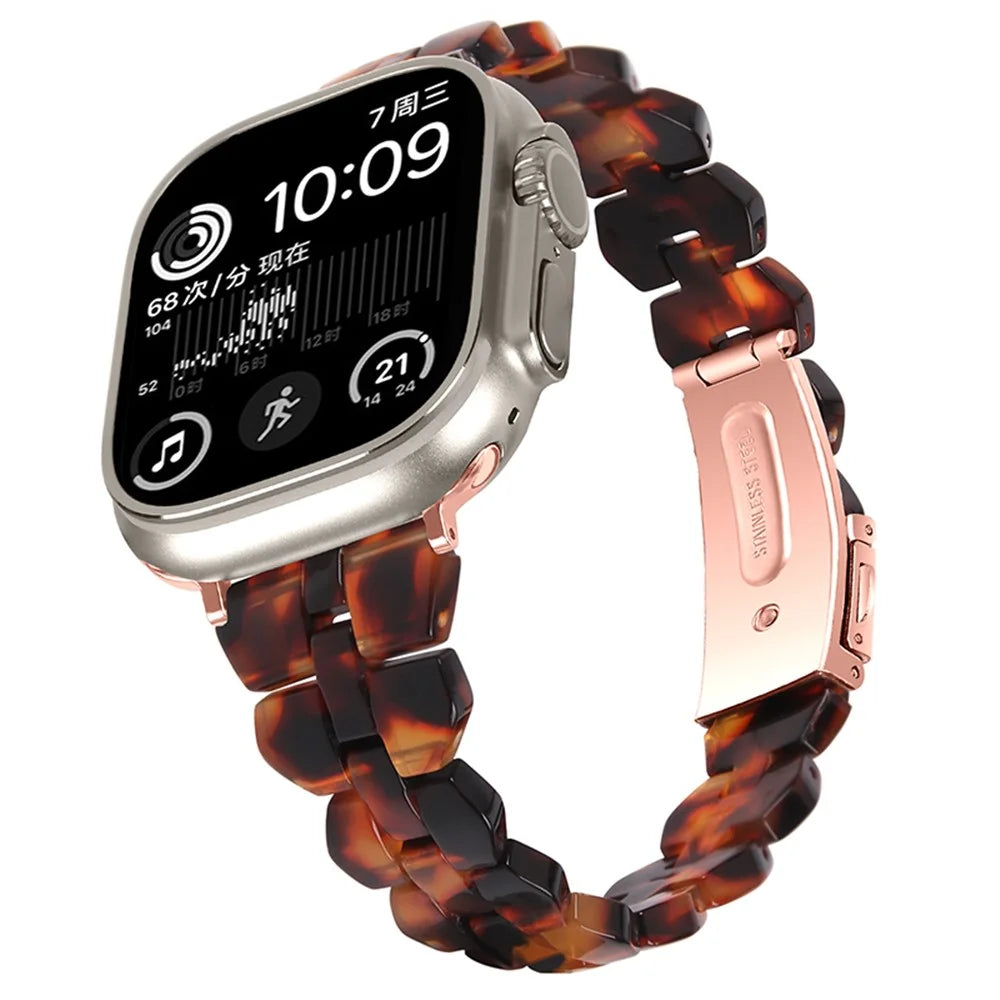 For Apple Watch Ultra 3 2 1 49mm / Series 11 10 46mm / 9 8 7 45mm / SE3 SE2 SE 6 5 4 44mm / 3 2 1 42mm, Quick Release Resin Watch Band Polished Watch Strap - Tortoiseshell Color - 4