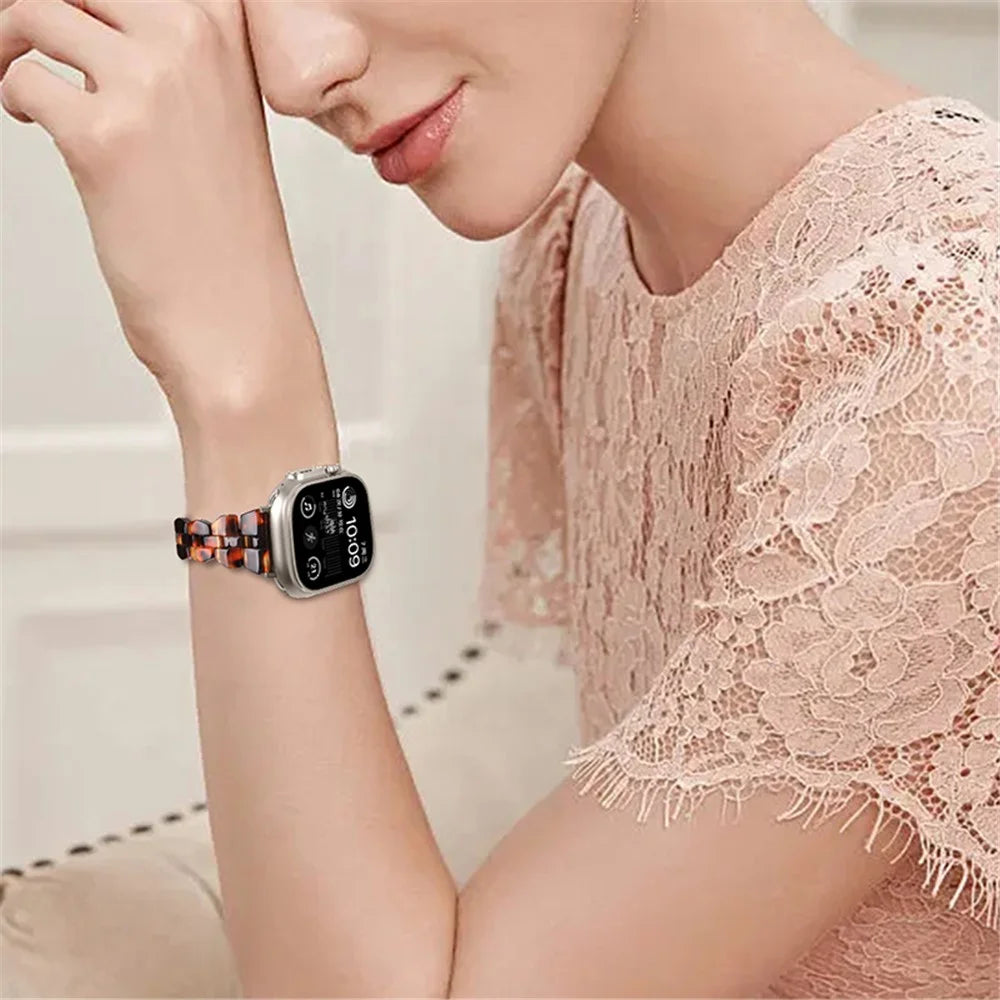 For Apple Watch Ultra 3 2 1 49mm / Series 11 10 46mm / 9 8 7 45mm / SE3 SE2 SE 6 5 4 44mm / 3 2 1 42mm, Quick Release Resin Watch Band Polished Watch Strap - Tortoiseshell Color - 5