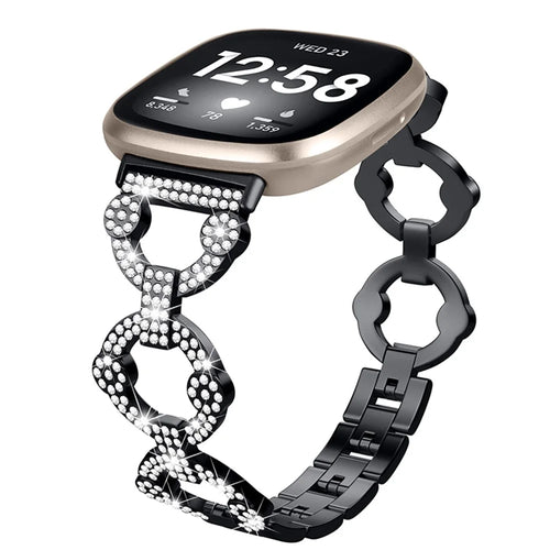For Fitbit Versa 3 / Sense Rhinestone Decor Watch Band Ring Shape Replacement Bracelet Women Dressy Jewelry Wristband Strap - Black - 1
