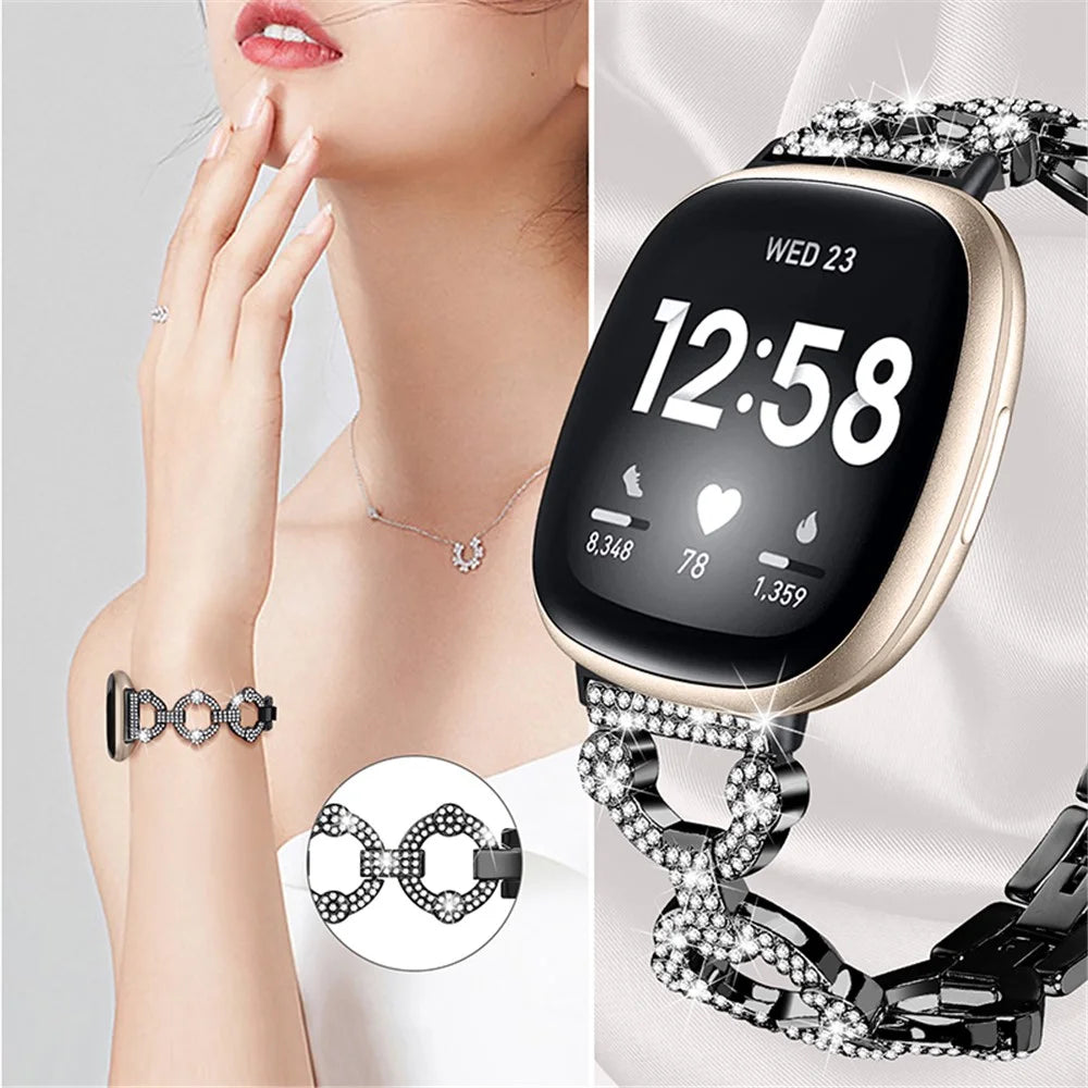 For Fitbit Versa 3 / Sense Rhinestone Decor Watch Band Ring Shape Replacement Bracelet Women Dressy Jewelry Wristband Strap - Black - 2