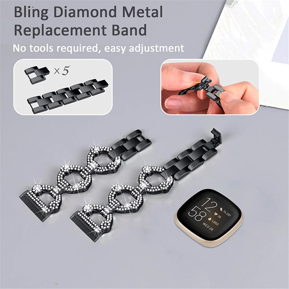 For Fitbit Versa 3 / Sense Rhinestone Decor Watch Band Ring Shape Replacement Bracelet Women Dressy Jewelry Wristband Strap - Black - 3