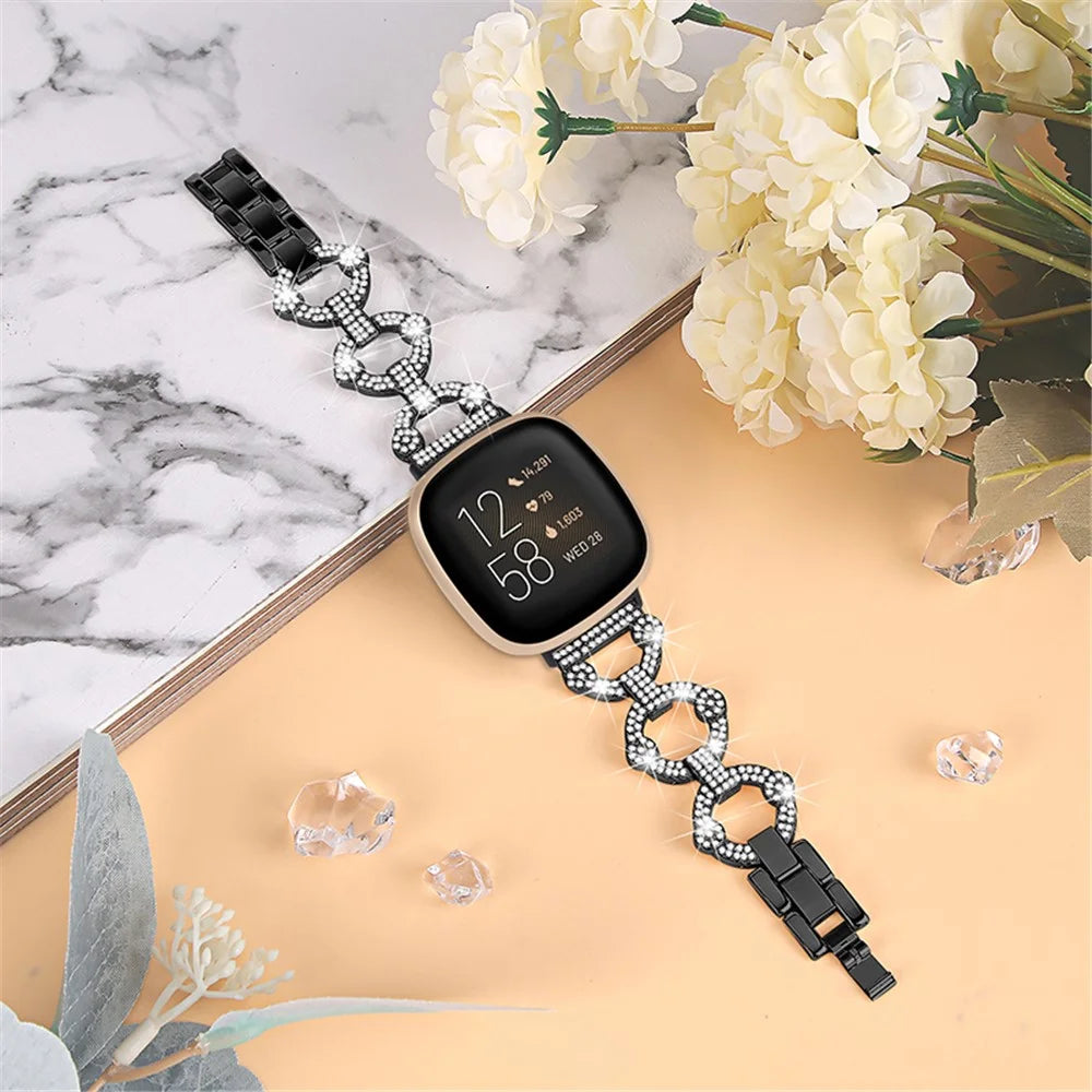 For Fitbit Versa 3 / Sense Rhinestone Decor Watch Band Ring Shape Replacement Bracelet Women Dressy Jewelry Wristband Strap - Black - 4