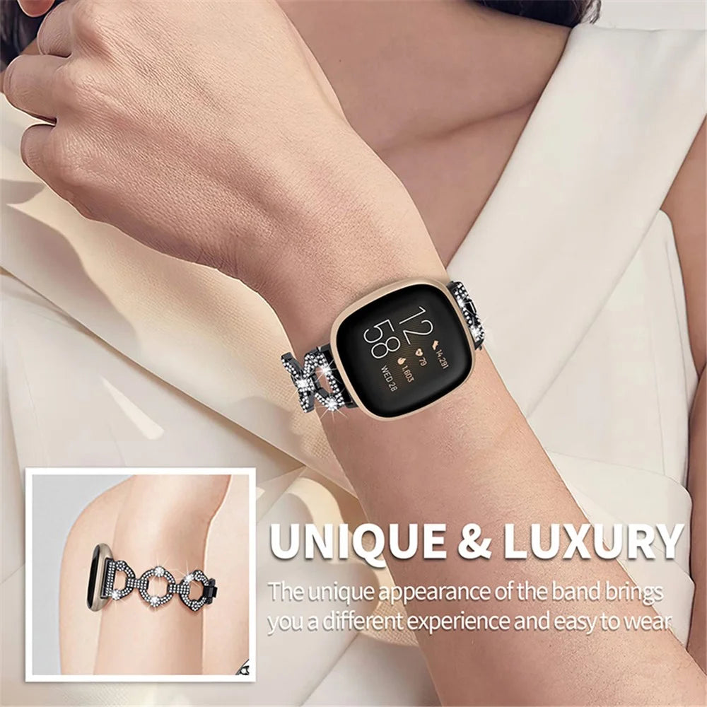 For Fitbit Versa 3 / Sense Rhinestone Decor Watch Band Ring Shape Replacement Bracelet Women Dressy Jewelry Wristband Strap - Black - 5