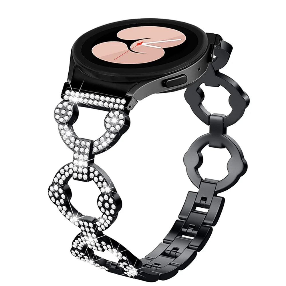 For Samsung Galaxy Watch 5 Active 40mm / 44mm / Watch 5 Pro 45mm / Watch 42mm Rhinestone Decor Replacement Strap Stainless Steel Metal Wristband - Black - 1