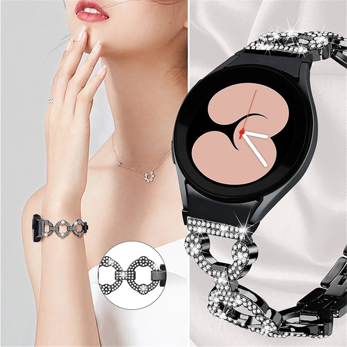 For Samsung Galaxy Watch 5 Active 40mm / 44mm / Watch 5 Pro 45mm / Watch 42mm Rhinestone Decor Replacement Strap Stainless Steel Metal Wristband - Black - 2