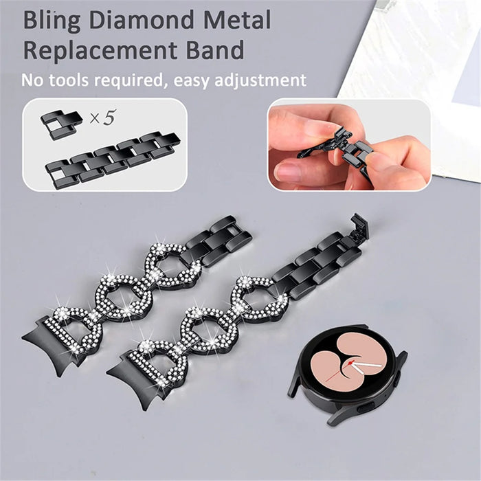 For Samsung Galaxy Watch 5 Active 40mm / 44mm / Watch 5 Pro 45mm / Watch 42mm Rhinestone Decor Replacement Strap Stainless Steel Metal Wristband - Black - 3