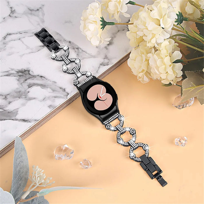 For Samsung Galaxy Watch 5 Active 40mm / 44mm / Watch 5 Pro 45mm / Watch 42mm Rhinestone Decor Replacement Strap Stainless Steel Metal Wristband - Black - 4
