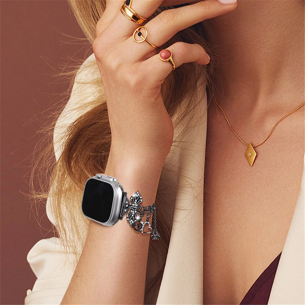 For Apple Watch Ultra 3 2 1 49mm / Series 11 10 46mm / 9 8 7 45mm / SE3 SE2 SE 6 5 4 44mm / 3 2 1 42mm Watch Band Multiple Pendant Design Bracelet Strap - Black - 6