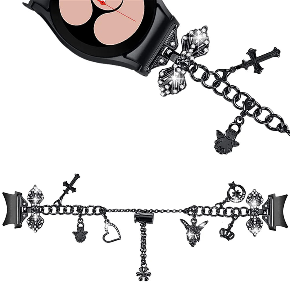 For Samsung Galaxy Watch6 40mm 44mm / Watch6 Classic 43mm 47mm / Watch 5 40mm 44mm / 5 Pro 45mm / Watch4 40mm 44mm Multiple Pendants Metal Watch Band Adjustable Wristband Bracelet - Black - 2