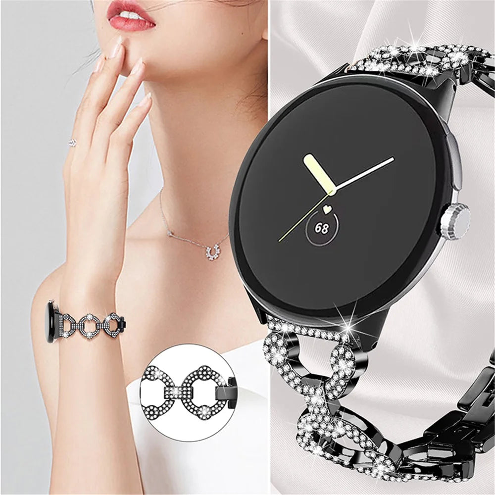 For Google Pixel Watch 4 41mm / Watch 3 41mm / Watch 2 / Watch Rhinestone Decor Watch Band Replacement Metal Wrist Strap Bracelet - Black - 2