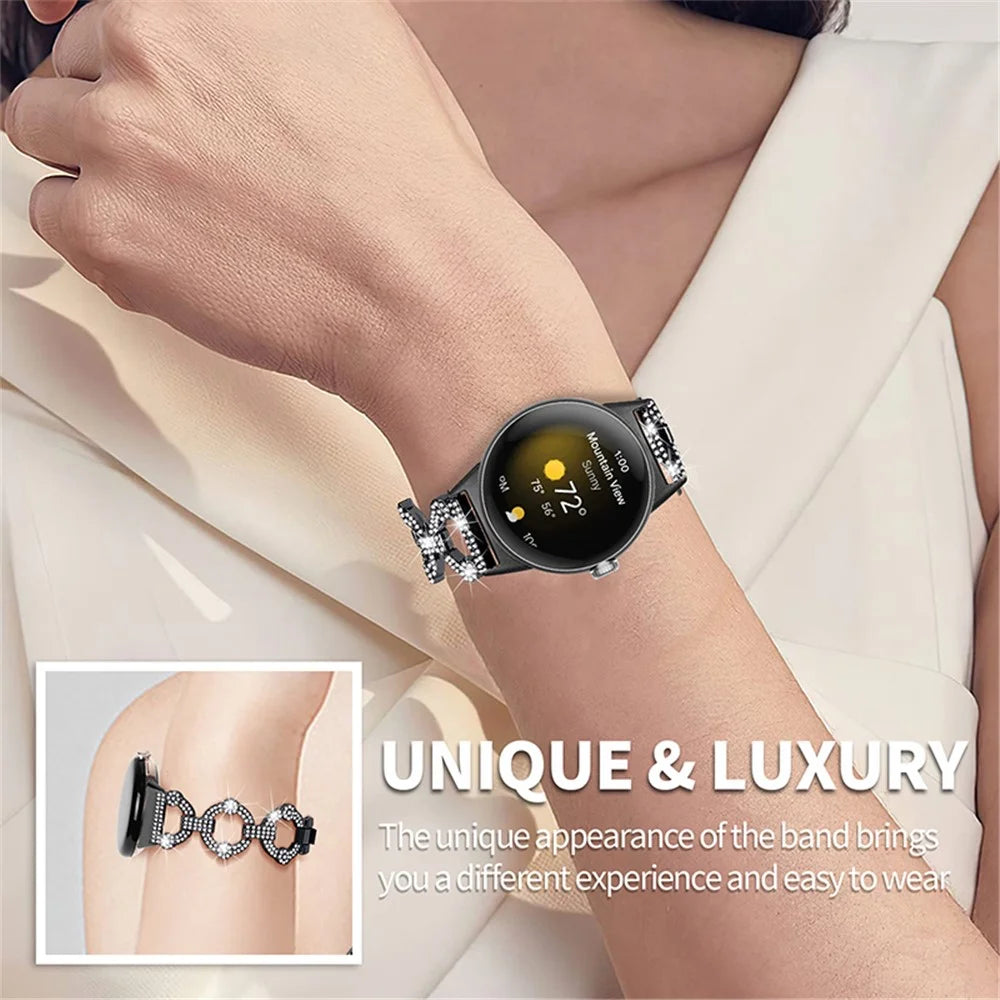 For Google Pixel Watch 4 41mm / Watch 3 41mm / Watch 2 / Watch Rhinestone Decor Watch Band Replacement Metal Wrist Strap Bracelet - Black - 3
