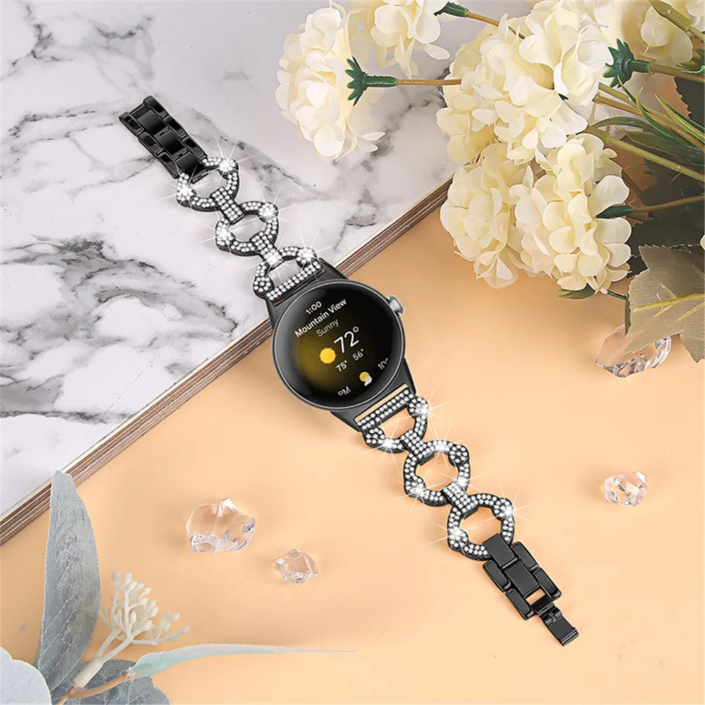 For Google Pixel Watch 4 41mm / Watch 3 41mm / Watch 2 / Watch Rhinestone Decor Watch Band Replacement Metal Wrist Strap Bracelet - Black - 4