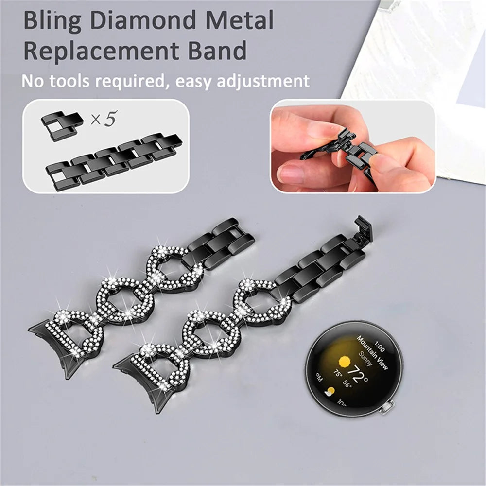 For Google Pixel Watch 4 41mm / Watch 3 41mm / Watch 2 / Watch Rhinestone Decor Watch Band Replacement Metal Wrist Strap Bracelet - Black - 5